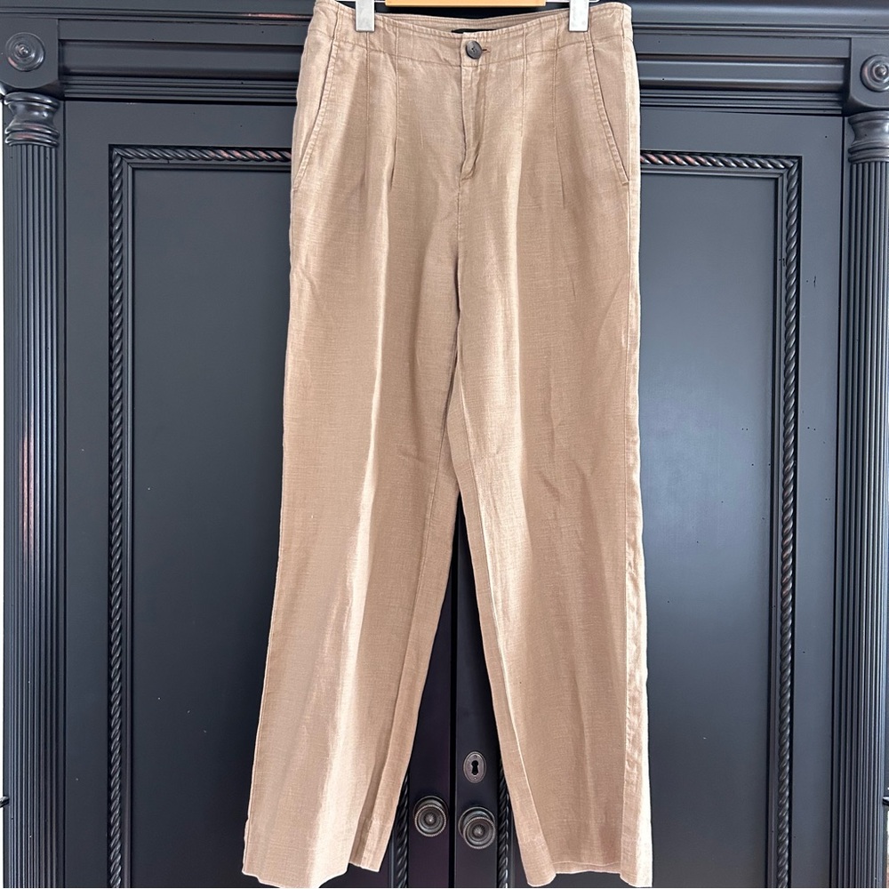 Banana Republic 100% Linen Pants Tan Camel Pleats Straight Leg Womens 2